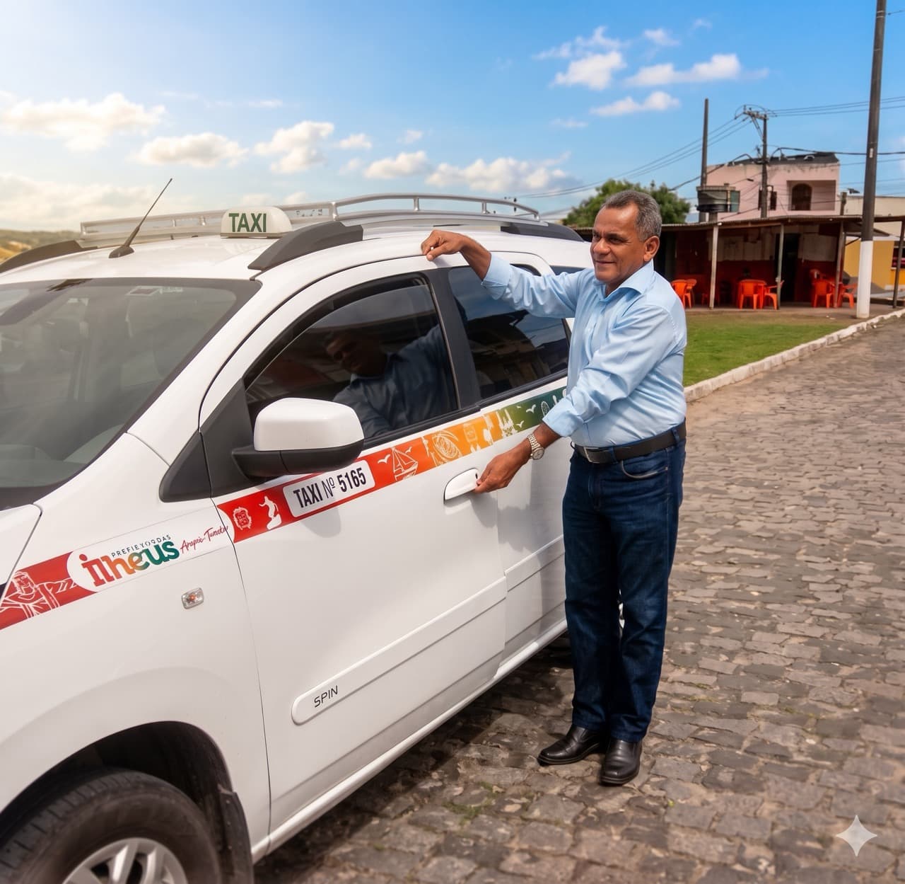 Taxista credenciado em Ilhéus, ao lado do veículo usado em corridas, transfers e passeios.
